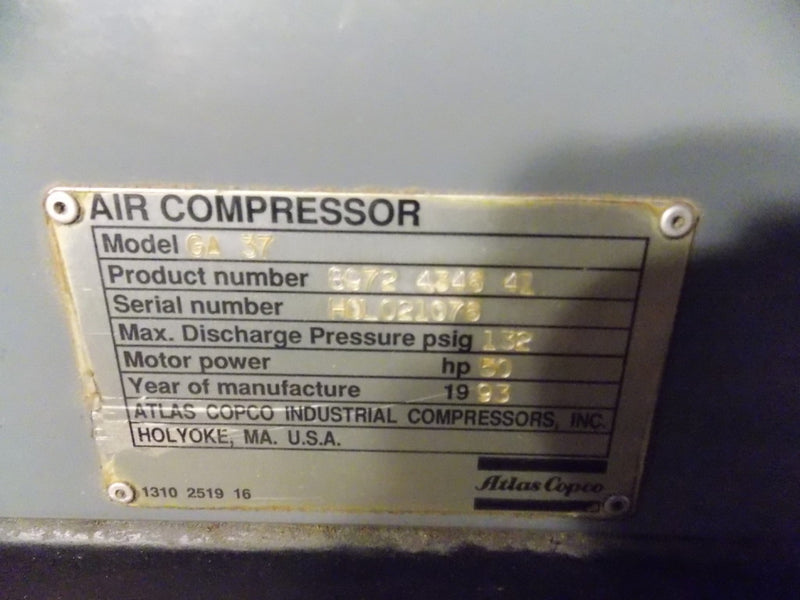 Used Atlas Copco Rotary Screw Air Compressor - Model GA37 - Photo 7
