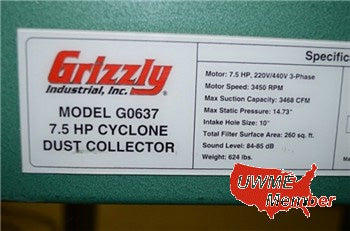 Used Grizzly 7.5 HP Cyclone Dust Collector – Model - G0637 7.5 - Photo 3