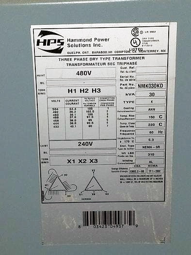 Used Hammond Transformer - Model NMK030KD - Detail 2